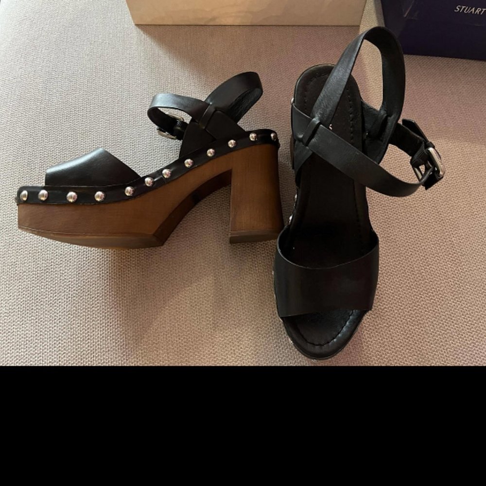 RUDSAK Black Leather Studded Wooden Platform Sandals